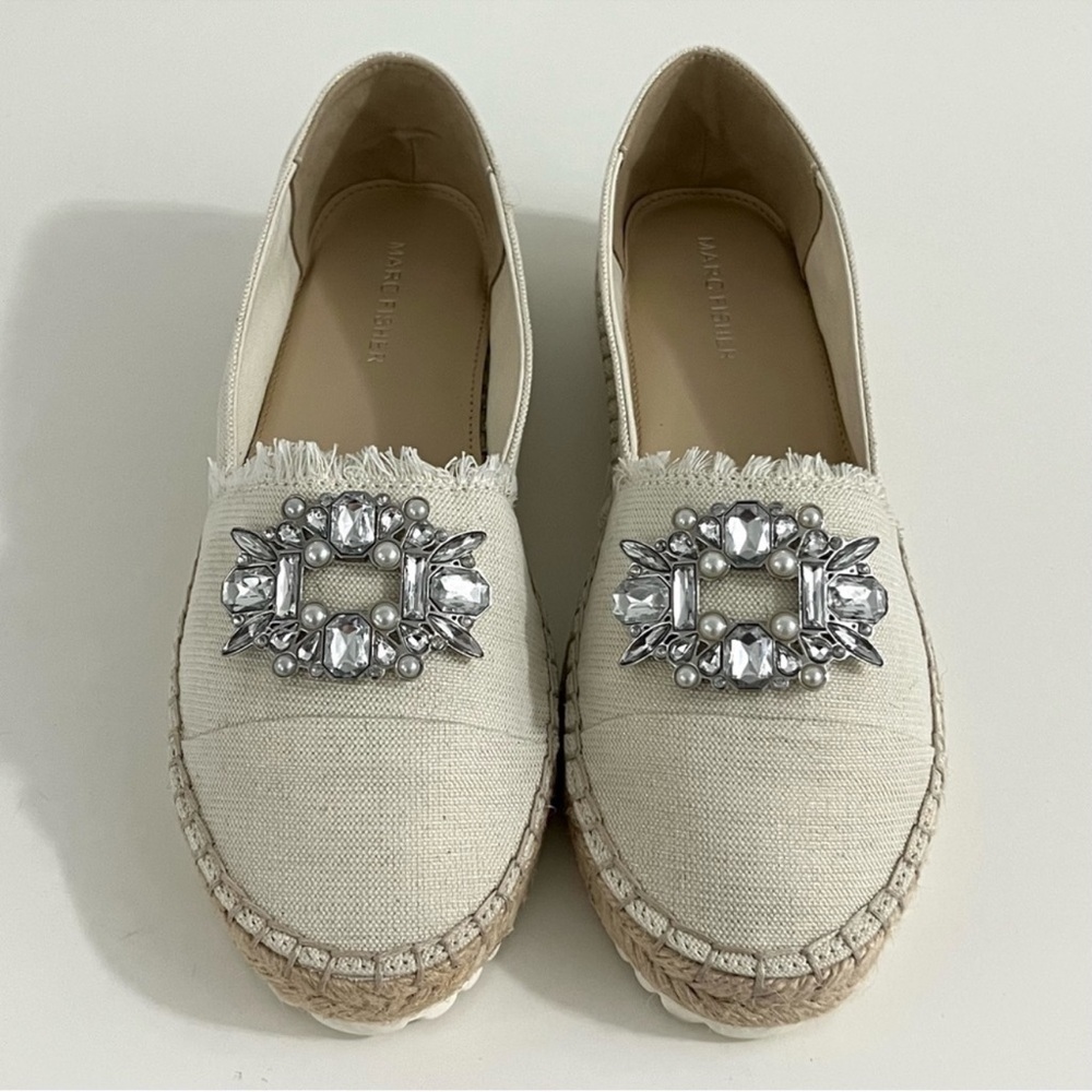 Marc Fisher Embellished Gemstones Light Natural Fabric Espadrilles Size 9.